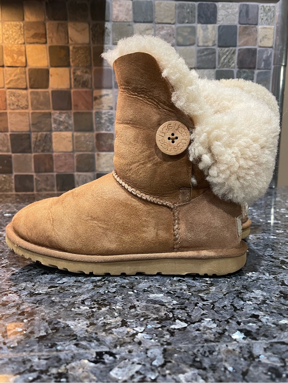 UGG Bailey Button Chestnut Suede Boot with Cream Shearling 6